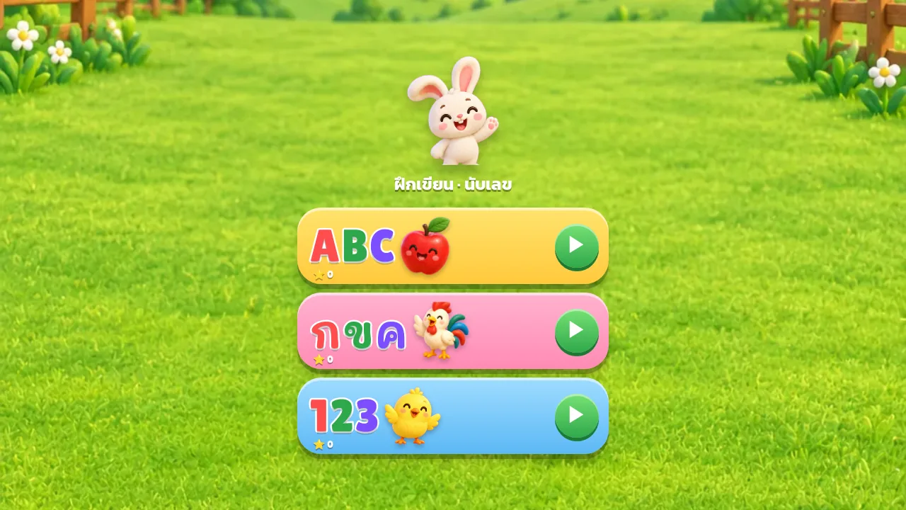 หน้าแรกเกมฝึกเขียน มีการ์ด ABC กขค และ 123 ให้เลือก