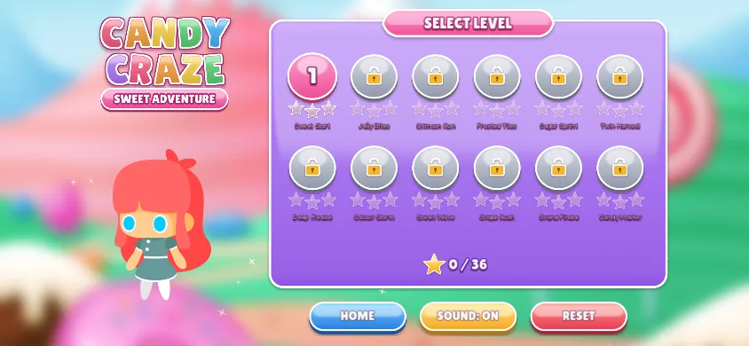 หน้าเลือกด่าน SELECT LEVEL ในเกมลูกอมหรรษา