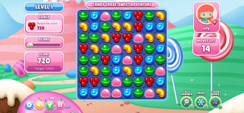 หน้าจอระหว่างเล่น กระดานลูกอม 8x8 พร้อมเป้าหมายและจำนวนท่าที่เหลือ