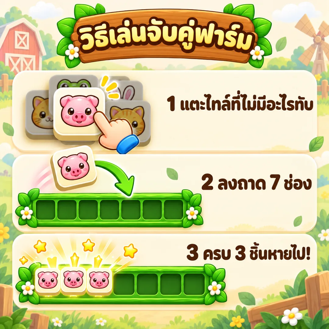 วิธีเล่นจับคู่ฟาร์ม 3 ขั้น แตะไทล์ ลงถาด 7 ช่อง ครบ 3 ชิ้นหายไป