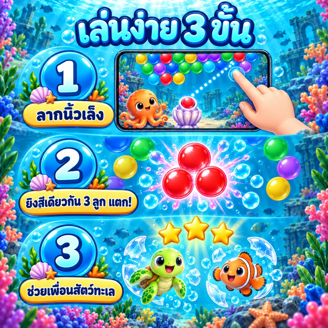 วิธีเล่นง่าย 3 ขั้น ลากนิ้วเล็ง ยิงสีเดียวกัน 3 ลูกแตก ช่วยเพื่อนสัตว์ทะเล