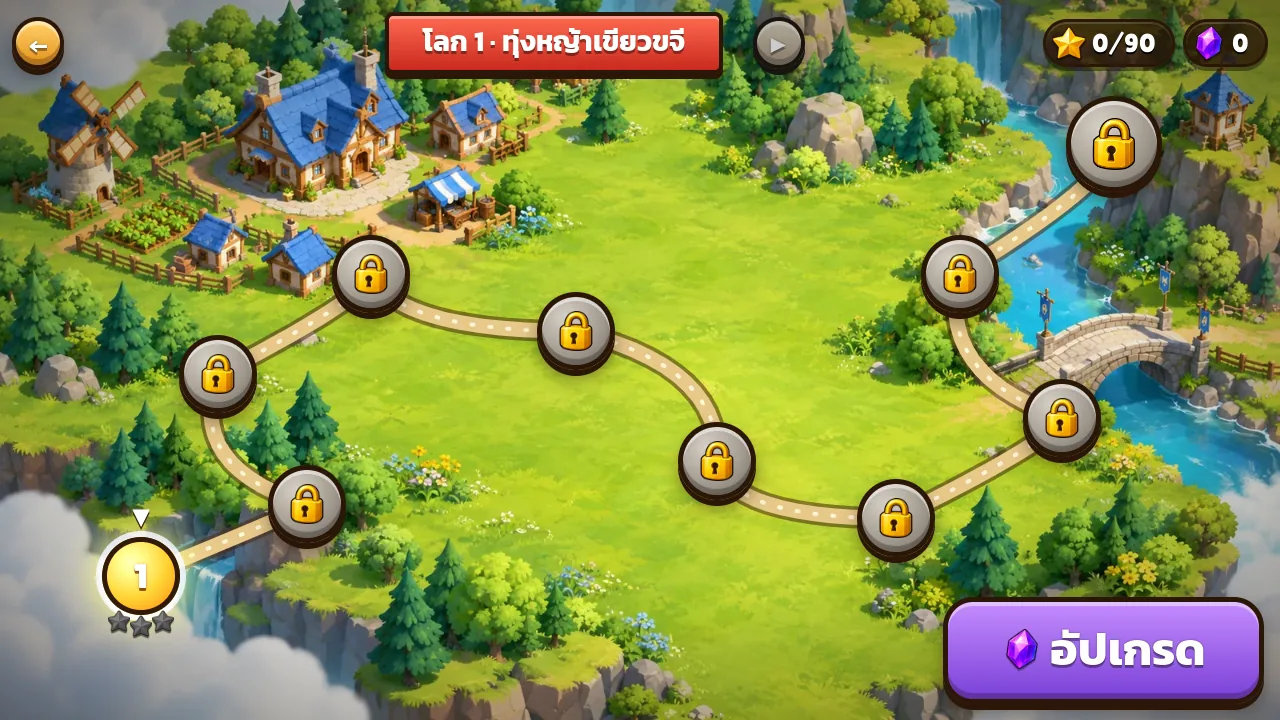 แผนที่เลือกด่านโลกแรก ทุ่งหญ้าเขียวขจี ในเกมถล่มป้อม!