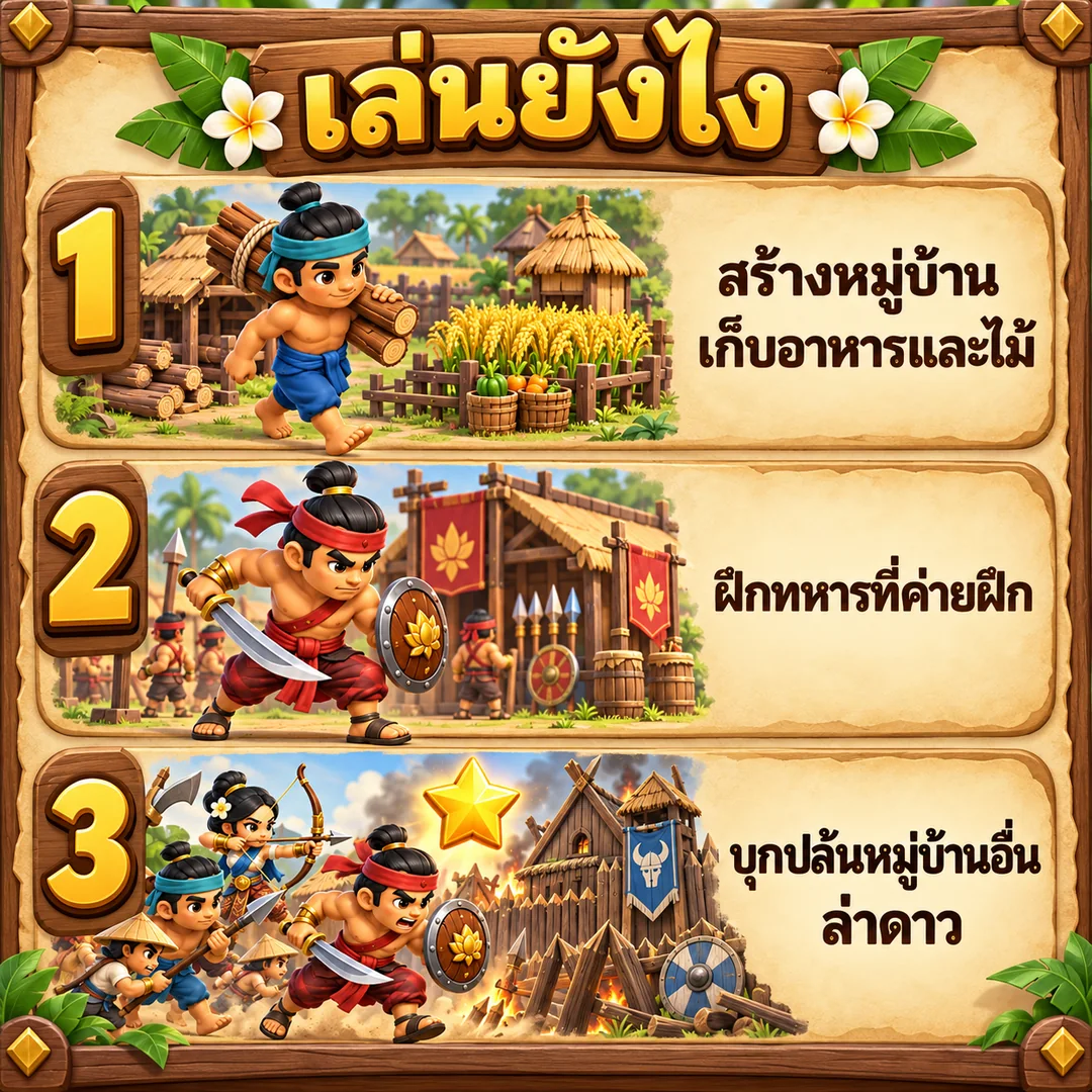 ขั้นตอนเล่นศึกชิงหมู่บ้าน สร้างหมู่บ้าน ฝึกทหาร บุกปล้นล่าดาว